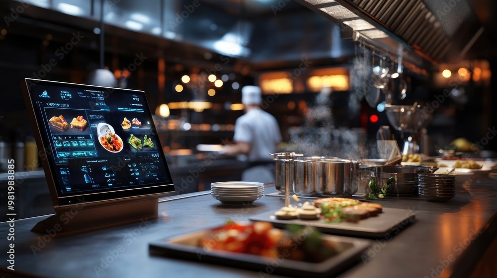 Fototapeta premium Detailed View of Restaurant Kitchen with Digital Screen for Cooking and Busy Atmosphere