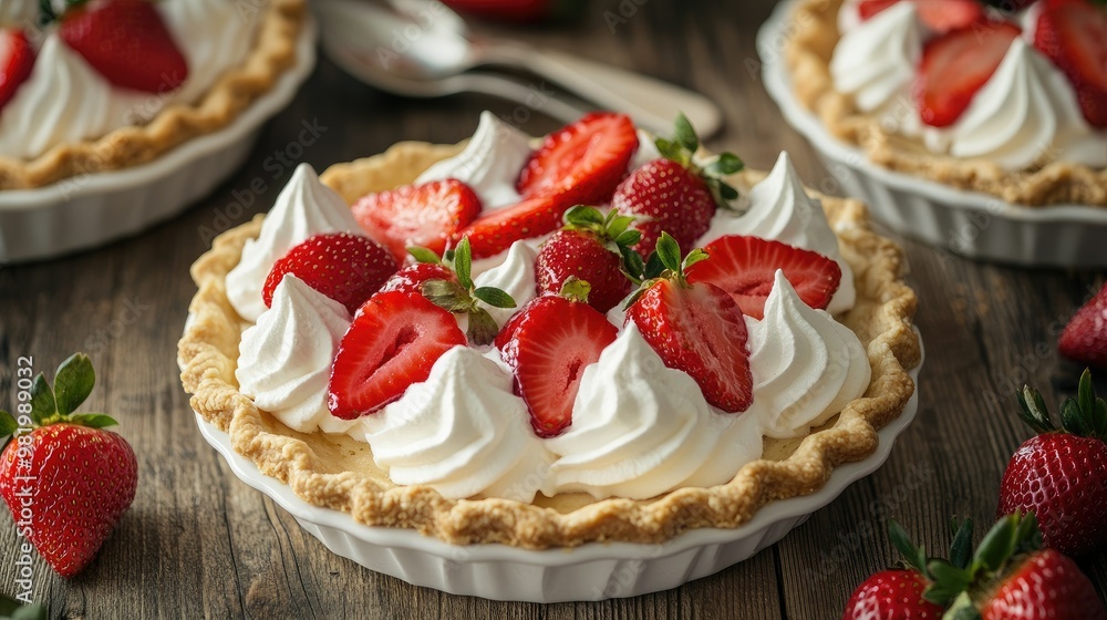 Party-ready strawberry shortcake pies placed on a provincial wooden table, decorated with fresh strawberries and cream. Party-ready strawberry shortcake pies placed on a provincial wooden table, decorated with fresh strawberries and cream.