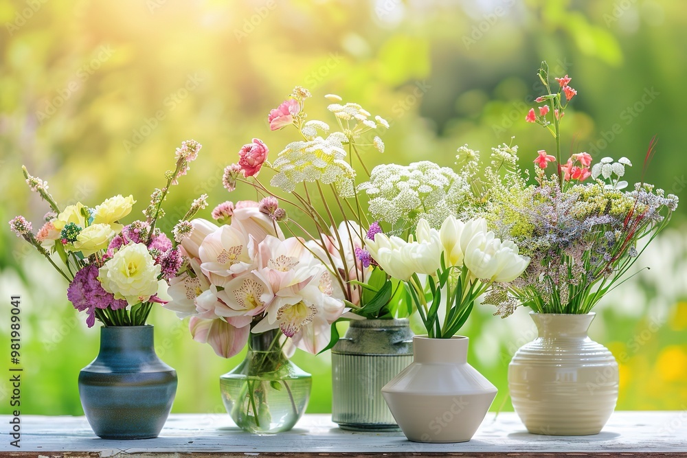 Fresh wildflowers in assorted vases on sunny day Fresh wildflowers in assorted vases on sunny day
