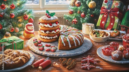 SchÃ¶ne bunte Weihnachtskekse auf Tisch ausgelegt photo