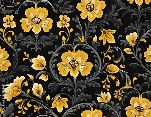 Norwegian Scandinavian rosemaling traditional handpainted folk art in bright yellow floral pattern