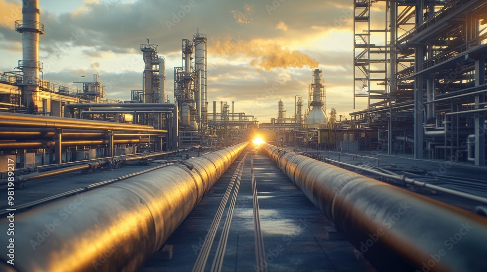 A large industrial site where welders work on pipelines for natural gas and fuel, focusing on precision internal welding. Nearby, green energy technologies are implemented for clean fuel production. A large industrial site where welders work on pipelines for natural gas and fuel, focusing on precision internal welding. Nearby, green energy technologies are implemented for clean fuel production.