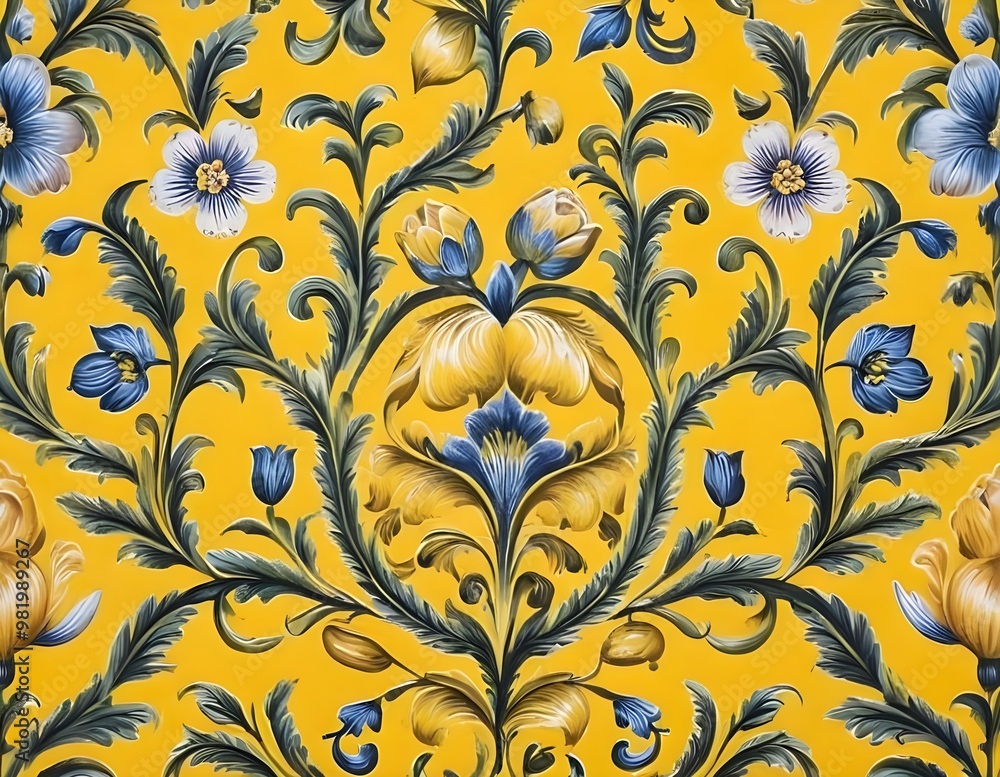 Norwegian Scandinavian rosemaling traditional handpainted folk art in bright yellow floral pattern Norwegian Scandinavian rosemaling traditional handpainted folk art in bright yellow floral pattern