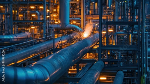 A large industrial site where welders work on pipelines for natural gas and fuel, focusing on precision internal welding. Nearby, green energy technologies are implemented for clean fuel production. photo