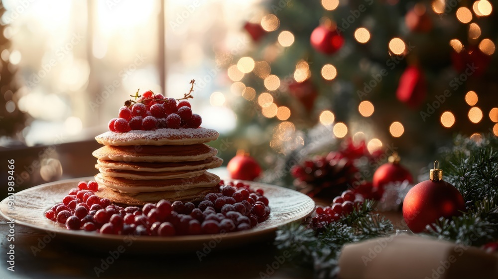 Stack of pancakes with fresh berries by a christmas tree, holiday atmosphere Stack of pancakes with fresh berries by a christmas tree, holiday atmosphere