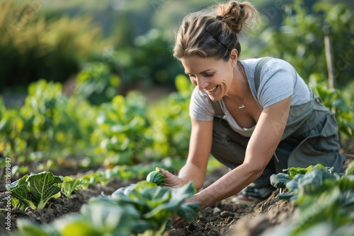 Happy woman gardening, tending plants in sunny field