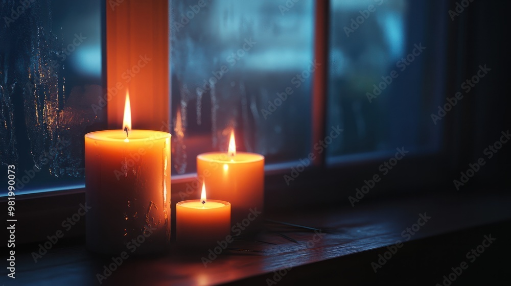 Three lit candles sitting next to a window. Three lit candles sitting next to a window.