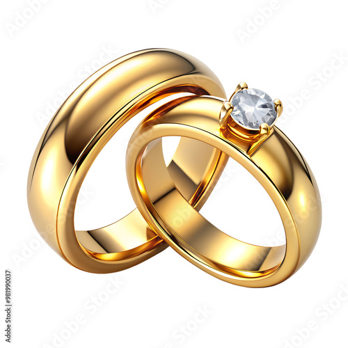 gold wedding rings with dimond on white and transparent background.