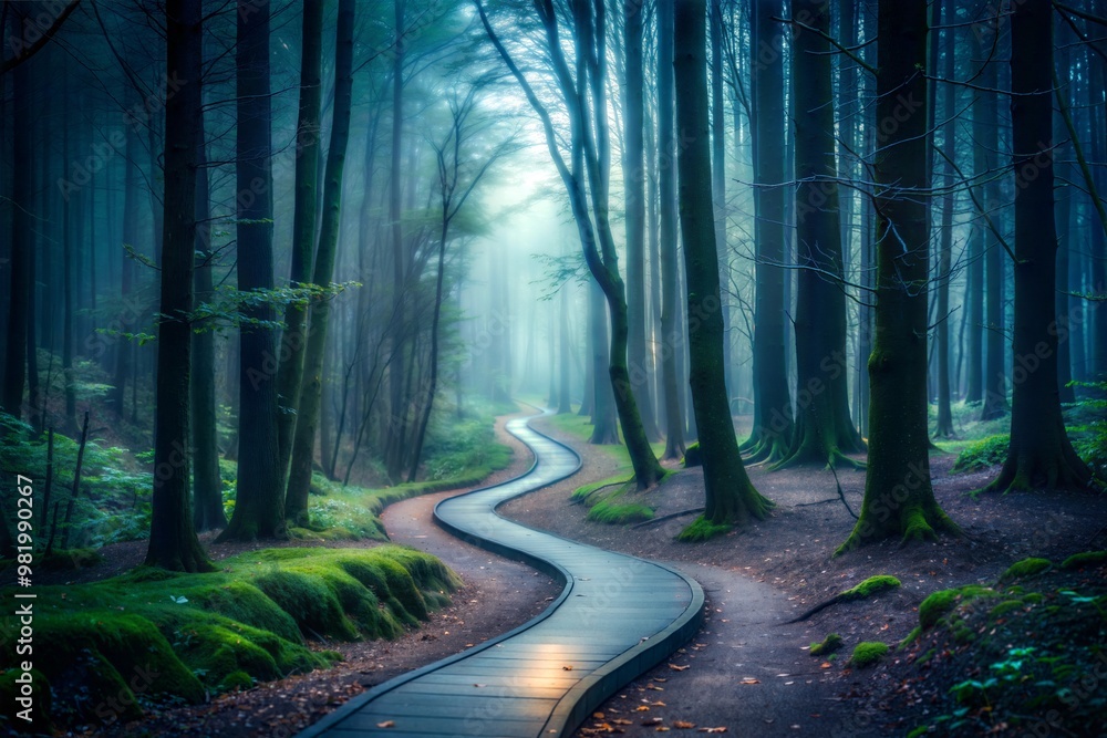 Fototapeta premium Moss-covered trees along winding path in foggy forest