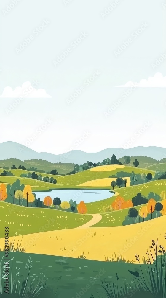 Serene countryside landscape featuring rolling hills, a tranquil lake, and colorful autumn trees during the daytime Serene countryside landscape featuring rolling hills, a tranquil lake, and colorful autumn trees during the daytime