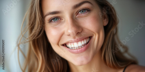 Close-up of toothy smiling young woman. Skin care, plastic surgery, healthy white teeth, dental care. Dentistry concept.