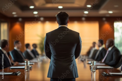 A businessman giving a presentation to a boardroom filled with executives