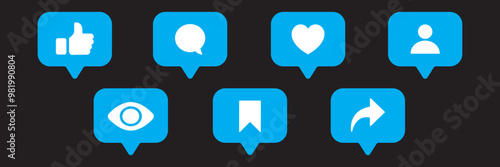 Like, love, heart, thumb up, repost, comment, share, save, stories user button sign in circle and speech bubble shapes, emoji post reactions, set social media notification functional icons – vector