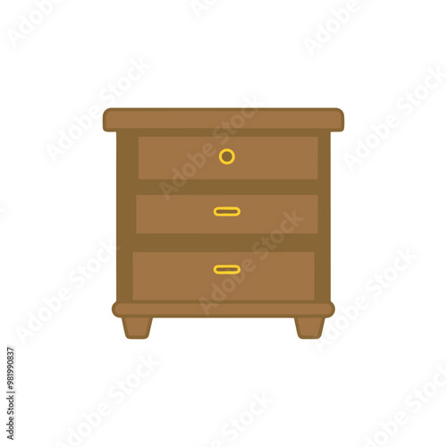 A wooden chest for storing clothes etc. Dresser furniture icon. Modern chest of drawers for interior. Storage furniture. Illustration of wooden bedroom drawer isolated.