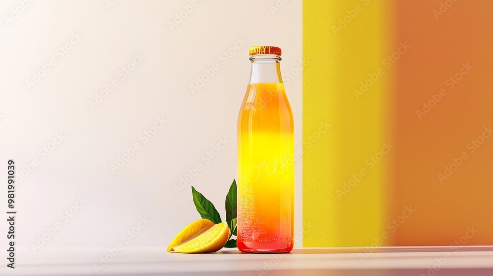 Juicy Branding - Vibrant 3D Render of Whole Fruit Juice Bottle on Inclined White Background Juicy Branding - Vibrant 3D Render of Whole Fruit Juice Bottle on Inclined White Background