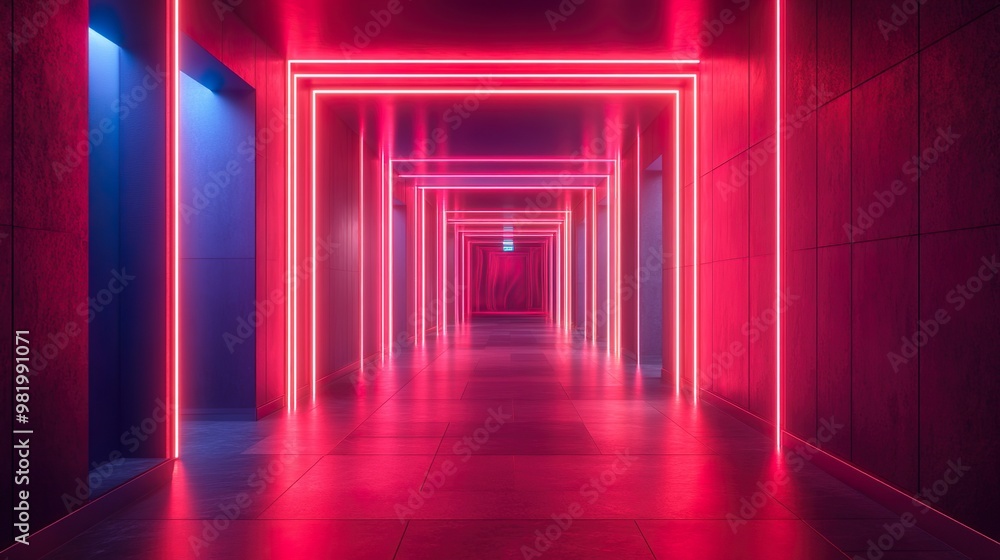 Clean lined hallway with neon illumination and minimalist design adorned with vibrant color accents for a chic look. Clean lined hallway with neon illumination and minimalist design adorned with vibrant color accents for a chic look.