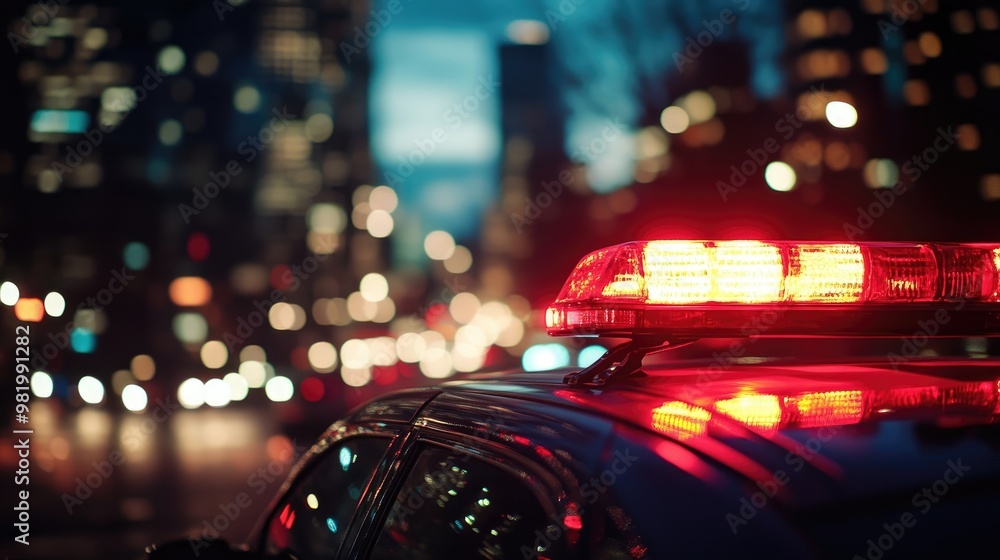 Abstract Urban Night Scene with Police Car Lights Flashing and Blurred Bokeh Background Abstract Urban Night Scene with Police Car Lights Flashing and Blurred Bokeh Background