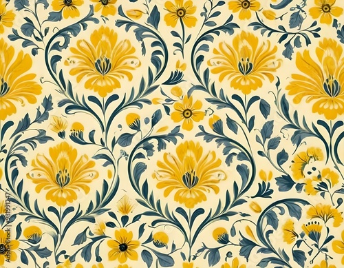 Wallpaper Mural Norwegian Scandinavian rosemaling traditional handpainted folk art in bright yellow floral pattern Torontodigital.ca