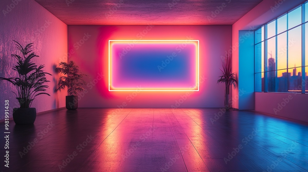Contemporary corridor with glowing neon lighting and a clean design highlighted by bright and striking color accents. Contemporary corridor with glowing neon lighting and a clean design highlighted by bright and striking color accents.