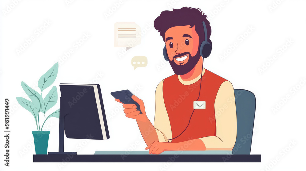 A businessman is seated at a desk in a bustling office, engaged in a phone conversation while working on a computer. With a friendly smile, he provides web support and communicates effectively. A businessman is seated at a desk in a bustling office, engaged in a phone conversation while working on a computer. With a friendly smile, he provides web support and communicates effectively.
