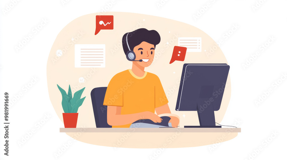 A businessman is seated at a desk in a bustling office, engaged in a phone conversation while working on a computer. With a friendly smile, he provides web support and communicates effectively. A businessman is seated at a desk in a bustling office, engaged in a phone conversation while working on a computer. With a friendly smile, he provides web support and communicates effectively.