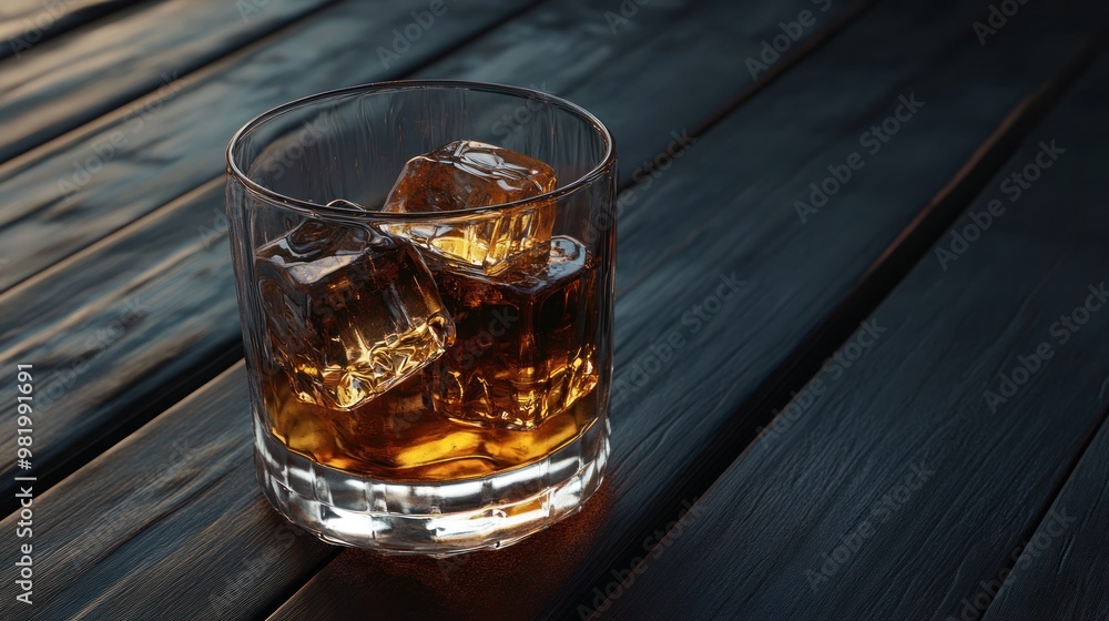 Glass of Whiskey with Ice on Wooden Table Glass of Whiskey with Ice on Wooden Table