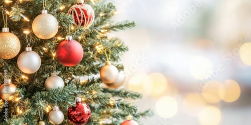 A beautifully decorated Christmas tree adorned with glowing lights and sparkling ornaments brings warmth to a cozy winter setting filled with festive cheer. Winter background.
