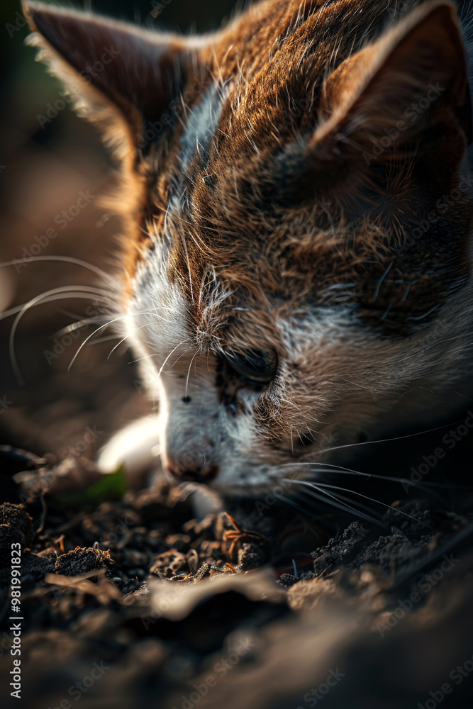 A close up of curious cat exploring ground, showcasing its intricate fur patterns and focused expression. image captures essence of pets adventurous spirit. A close up of curious cat exploring ground, showcasing its intricate fur patterns and focused expression. image captures essence of pets adventurous spirit.