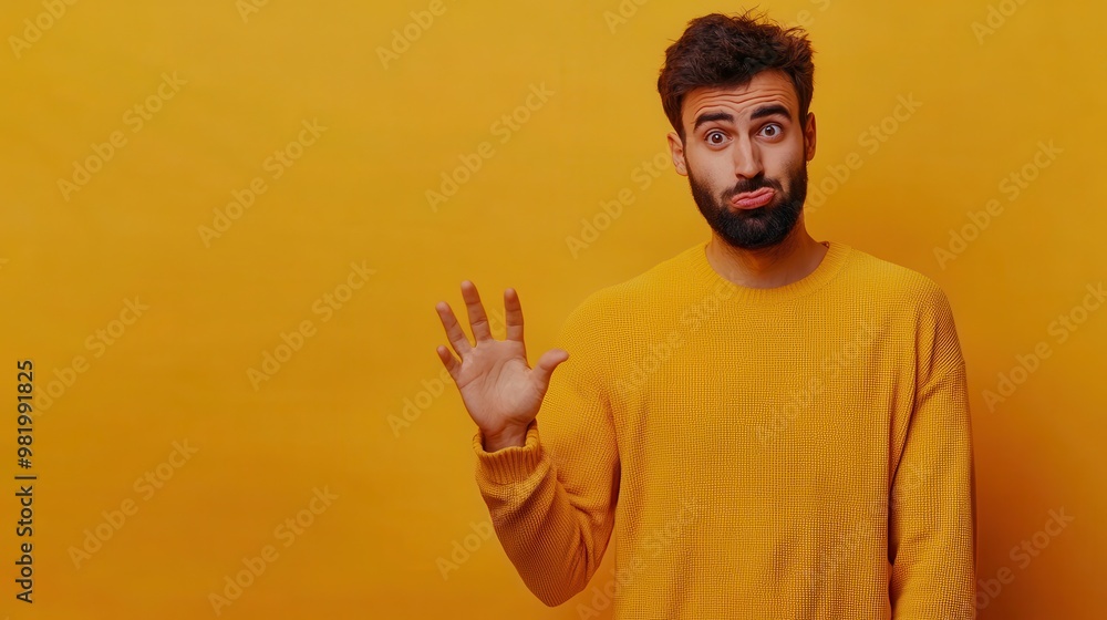A man in a yellow sweater is waving at the camera