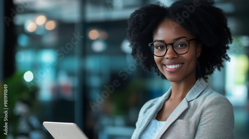 A joyful businesswoman of African descent sits at her office desk, holding a tablet and smiling confidently. Engaged in online research, she navigates through various websites, embodying professionali