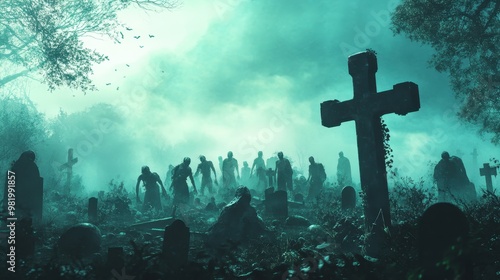 A graveyard with a cross and a group of zombies