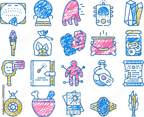 magic mystery objects doodle icons set vector. sketch line art sphere for spiritism and magic cards, ouija board for communicating with spirits and runes color illustrations