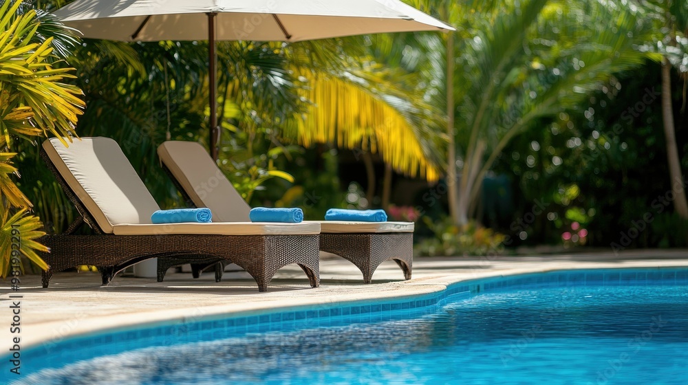 Fototapeta premium Relaxing poolside scene with loungers and greenery.
