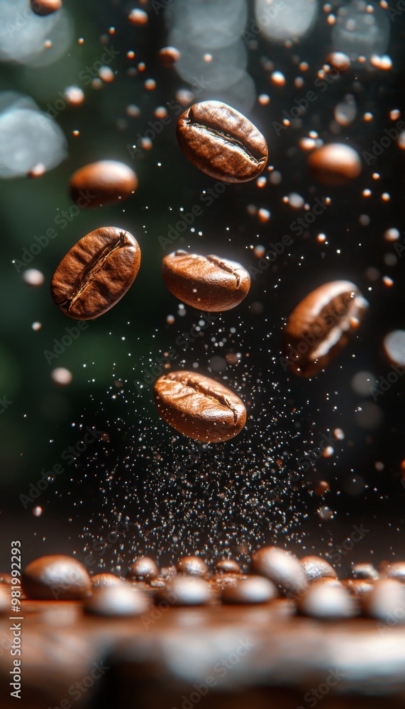 Levitating Coffee Beans Roasted Coffee Beans Suspended in Mid-Air with Water Droplets Levitating Coffee Beans Roasted Coffee Beans Suspended in Mid-Air with Water Droplets