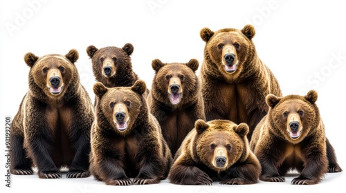 A group of six bears are standing in a row, with their mouths open