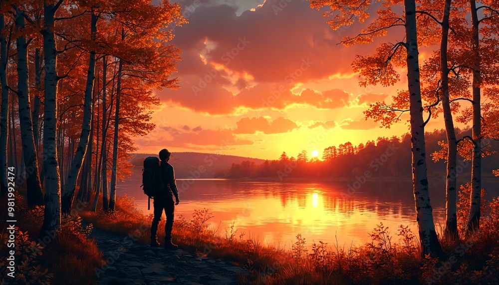 Fototapeta premium Young Man Contemplating Sunset Forest