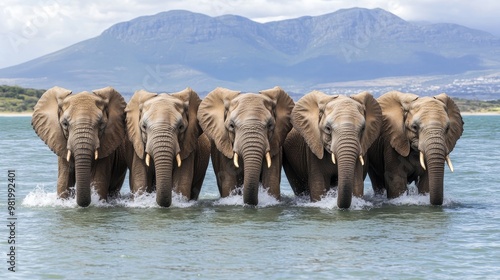 Six African Elephants Walking in Water, Majestic Wildlife Photography, Safari in Africa Adventure