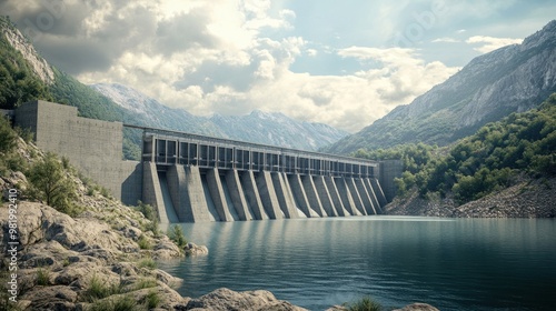 A modern hydroelectric dam with a vast reservoir behind it, showcasing its advanced engineering and the surrounding environment that benefits from sustainable energy production.