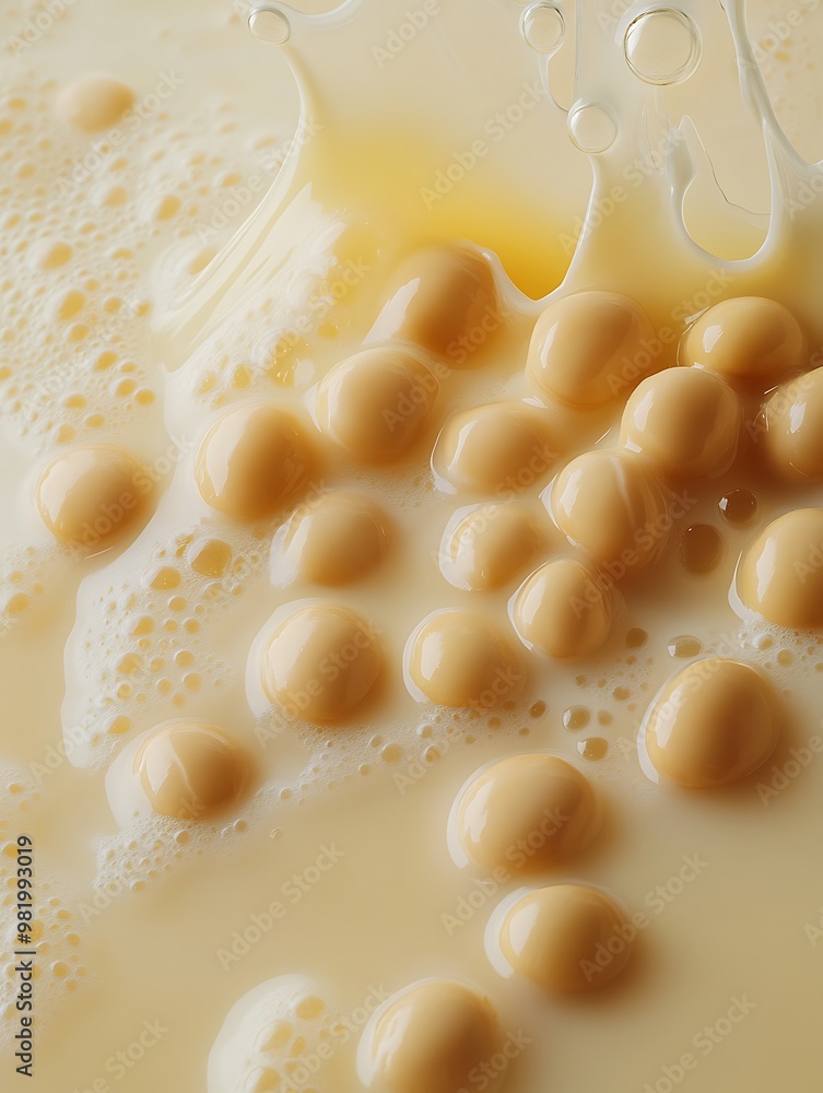 Close-up of creamy yellow spheres submerged in a milky liquid with splashes. Close-up of creamy yellow spheres submerged in a milky liquid with splashes.