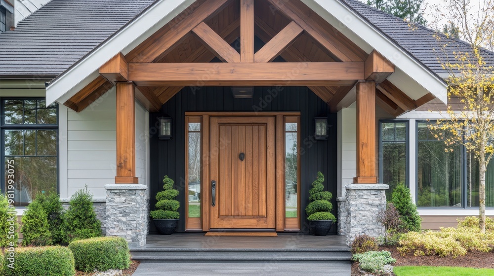 Obraz premium A large wooden front door with a stone trim and a stone porch