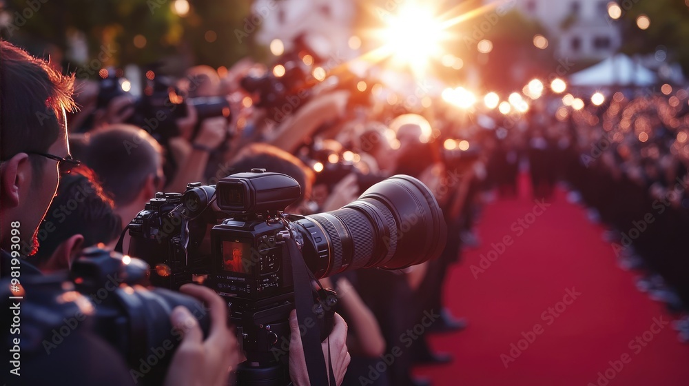 Paparazzi Taking Pictures on Red Carpet at Glamorous Awards Event with Audience Paparazzi Taking Pictures on Red Carpet at Glamorous Awards Event with Audience