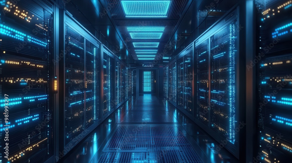 A long hallway with many computer servers A long hallway with many computer servers