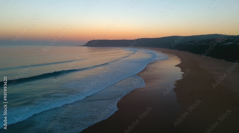Serene beach at sunset with gentle waves. Serene beach at sunset with gentle waves.