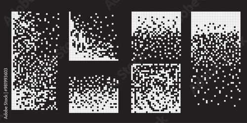 Pixel disintegration background. Decay effect. Dispersed dotted pattern. Concept of disintegration, pixel mosaic textures with simple square particles.