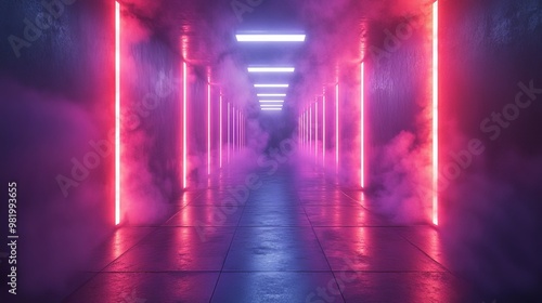 A long, dark hallway with purple and red lights and a lot of smoke