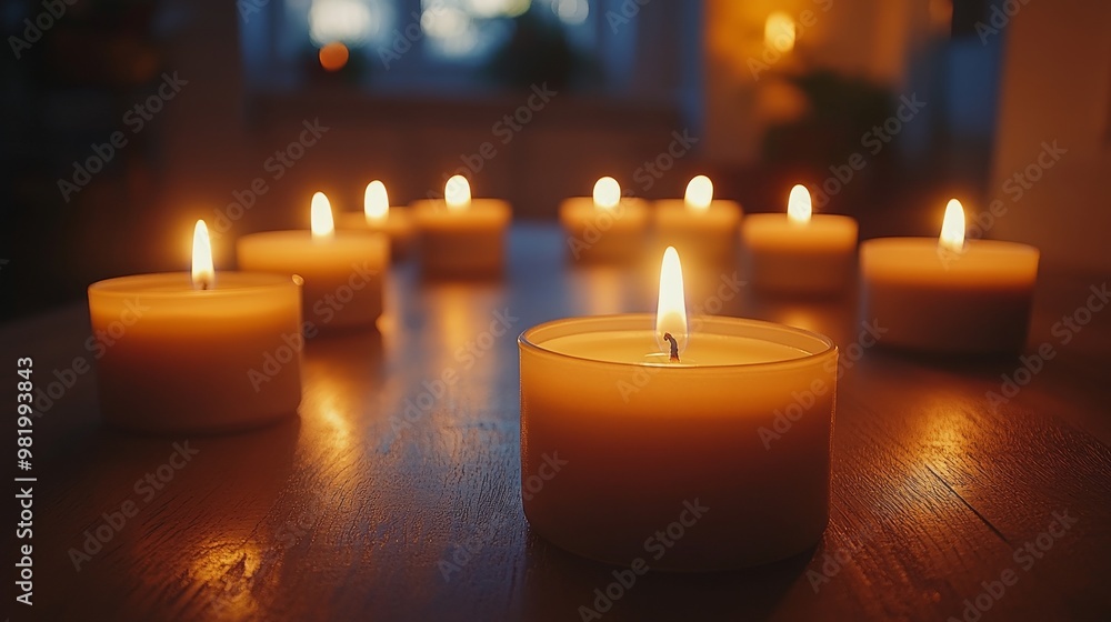Circular arrangement of candles glowing softly, their light casting warm shadows across a darkened room, creating a meditative, peaceful vibe Circular arrangement of candles glowing softly, their light casting warm shadows across a darkened room, creating a meditative, peaceful vibe