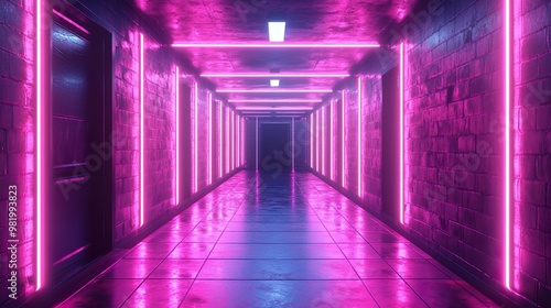 Futuristic corridor with neon lighting and a clean design featuring vivid color accents for a striking effect.