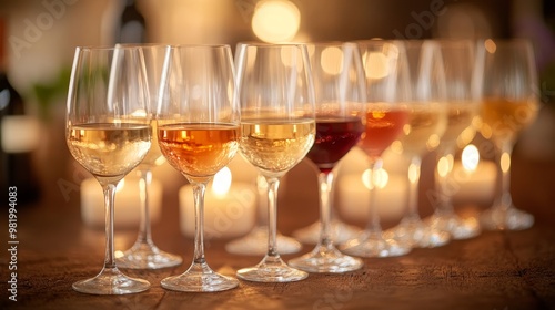 Close-up of wine glasses in a perfect circle, each glass holding a different variety, with soft focus on the reflections of candlelight on the glass surface