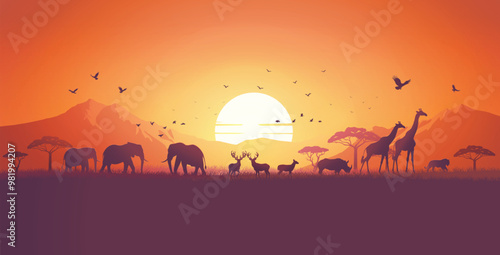  Animal Silhouettes in Orange Sunset African Landscape