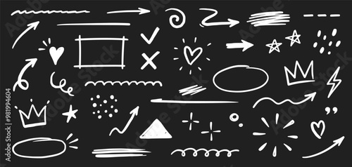 Line shape marker underline, arrow, heart brush element chalk set. Hand drawn sketch marker underline shape, arrow, heart scribble brush chalkboard. Crown, love graphic icon. Vector illustration